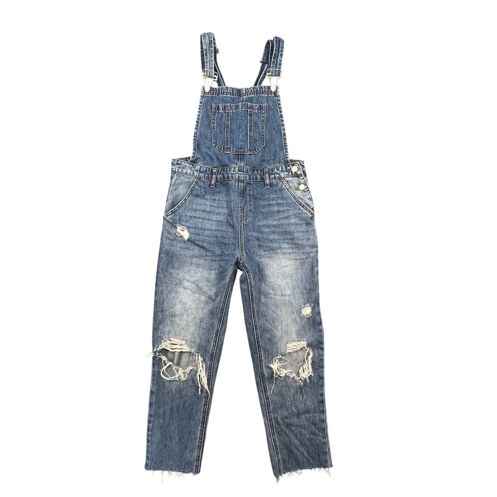 Risen Blue Distressed Denim Bib Overalls Women Size S RDP1091-N